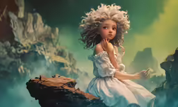 a little girl sitting on top of a rock formation