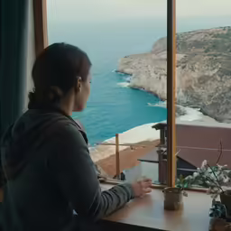 a person sitting at a table with water in the background
