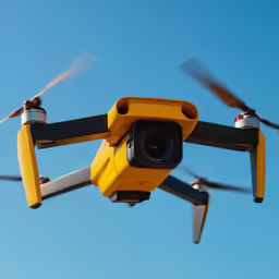 a yellow camera is shown attached to the top of a yellow quad wing