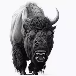 black and white photograph of an angry bison
