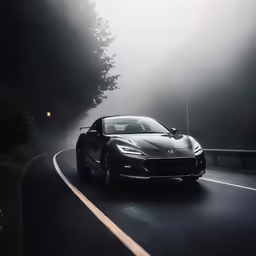 a car driving on a foggy road