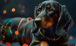 a brown and black dog looking up from the seat