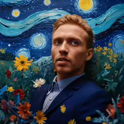 the painting shows an artist with blonde hair