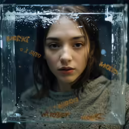a woman staring directly into a frame that has snow and bubbles