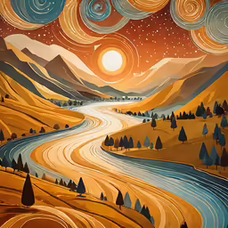 a painting with a river and mountain landscape