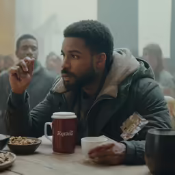 man with beard sitting at wooden table eating and drinking coffee