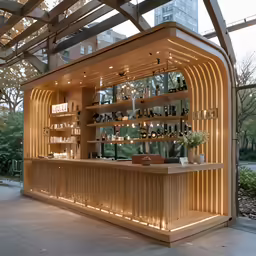 a wooden bar inside of a building under a roof