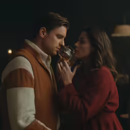 the young man and woman are sharing a drink together