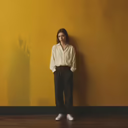 an asian woman is standing against the wall