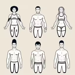 a man and woman are standing in different positions,an illustration of different postures and measurements in men,a man and a woman wearing various underwear,a set of six male and female body shape positions,six different positions of the body with each of them showing the full