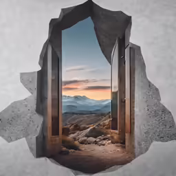 a photograph taken through an opening in to a mountain landscape