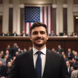 the man is smiling and wearing a suit and tie