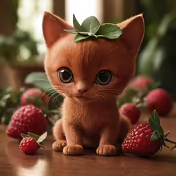 a kitten with some strawberries around it on a table