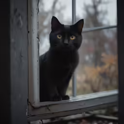 the black cat is staring out the window