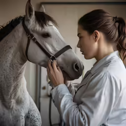 woman examining her horse while a male nurse holds it