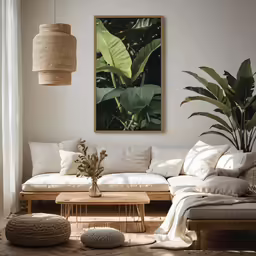white furniture in living room area with large green plant