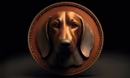 a portrait of a dog inside a leather frame
