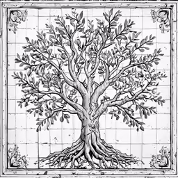 an old tree with roots, framed by tile