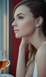 a woman sitting at a table with a glass and wine