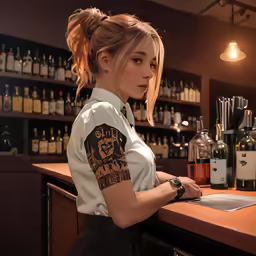 a woman is standing behind the bar writing on a piece of paper