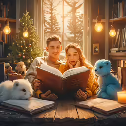 a man and woman reading a book near two stuffed animals