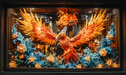 a glass window with a yellow bird surrounded by flowers