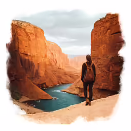 the man is standing near some water in the canyon