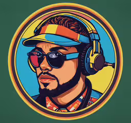 an image of a man wearing headphones and sunglasses,a man wearing a hat with a pair of headphones on it