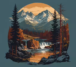 an image of an illustration of a scenic mountain stream,a painting of a rocky river flowing through a forest