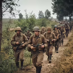 soldiers in uniform walking down a dirt road