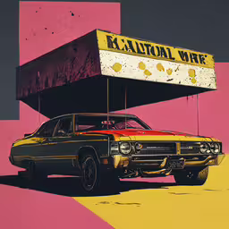an old car with a sign that reads kaustal war on it,an old station wagon is parked in a surreal image