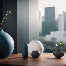 a couple of vases sitting on top of a wooden table