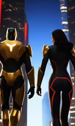 two woman wearing bodysuits in front of a futuristic city
