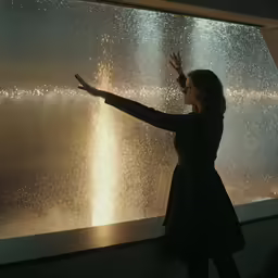 a woman standing in front of a waterfall