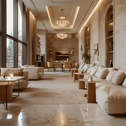a hotel lobby with multiple tables and chairs