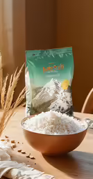 white rice in a bowl sits on a table next to brown wheat stalks