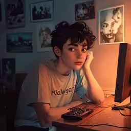 a boy sits in front of a computer monitor