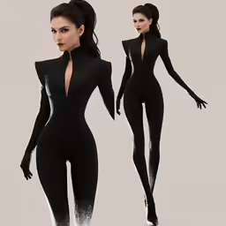 a woman in a black cat suit standing next to a white wall