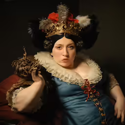 a woman in renaissance garb and crown holding a stuffed bear