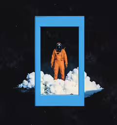 an astronaut looks through a blue square window