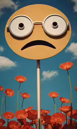 a yellow face has its nose pressed in front of flowers
