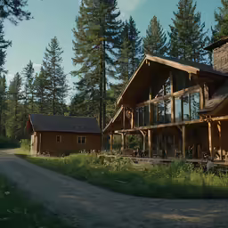 a cabin that is surrounded by pine trees