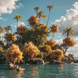 a scenic image of palm trees in the water