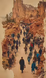 a large group of people walking on a path between mountains
