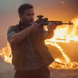 a man in grey shirt holding up a gun in front of burning background