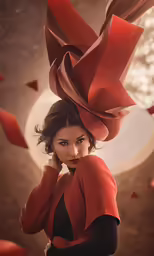 a woman with an elaborate red hat posing for a photo
