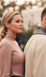two people are standing side by side while looking away