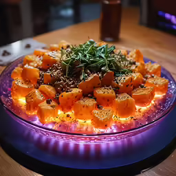 some vegetables that are on a glass plate