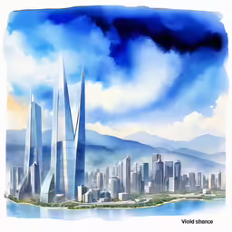 painting of a cityscape with skyscrapers and clouds