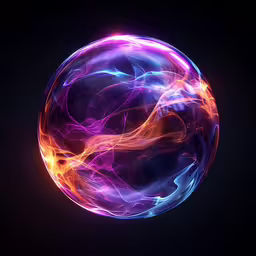 an abstract photograph of a colorful ball with orange and purple streaks,a sphere that is glowing in the dark